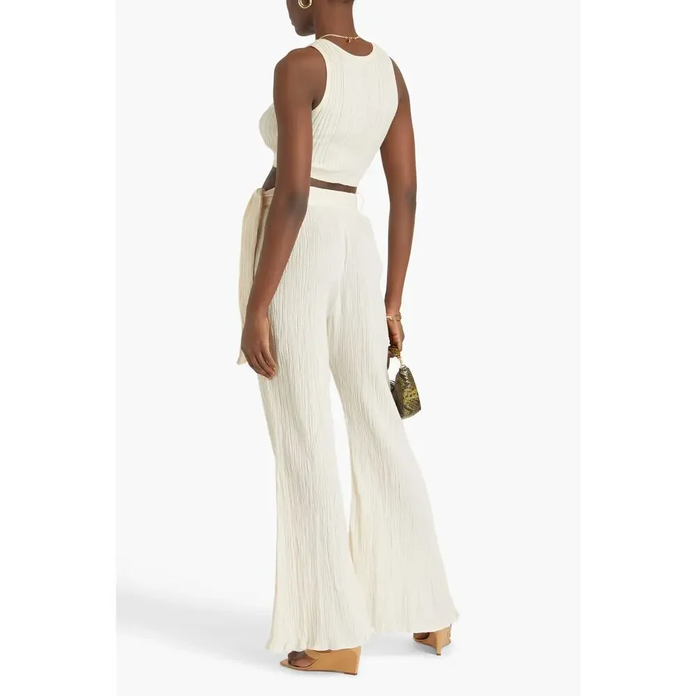 SAVANNAH MORROW Eve Crinkled Cotton Gauze Flare Pants Ecru Zip Belted S NEW_2